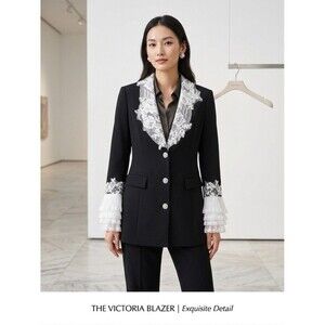 Women’s Black Blazer Lace Floral Collar Ruffle Cuff Medium NWOT Whimsigoth Goth